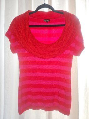 Express S Pink Red Striped Cowl Neck Short Sleeve Sweater